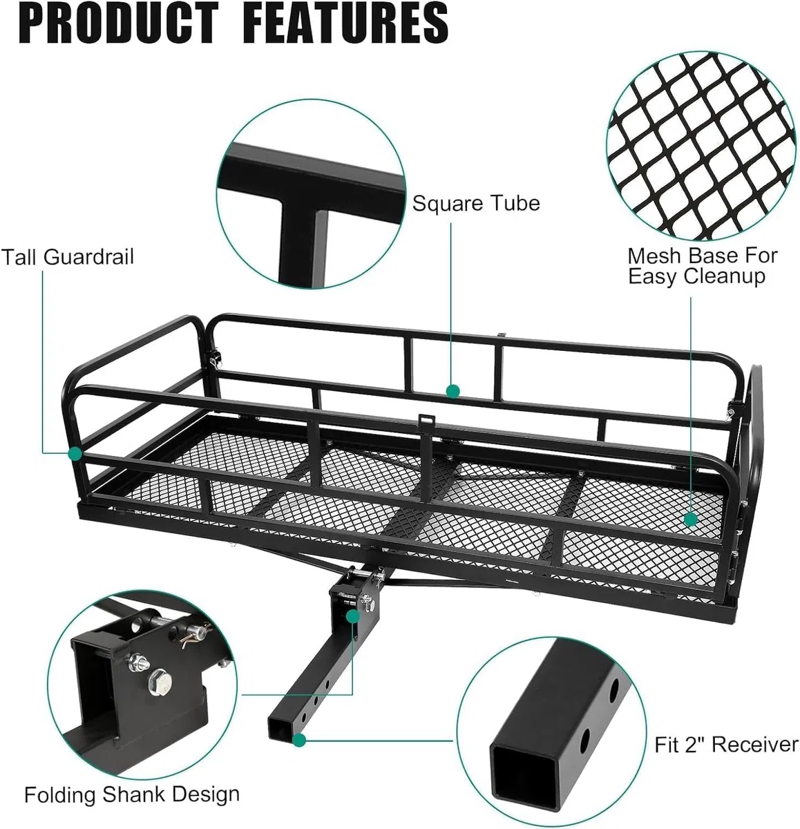 Estante de carga de enganche para remolque, 60 x 24 x 14 pulgadas, soporte de carga plegable con rieles laterales altos para caravana, camión, SUV, furgoneta, capacidad de 500 libras