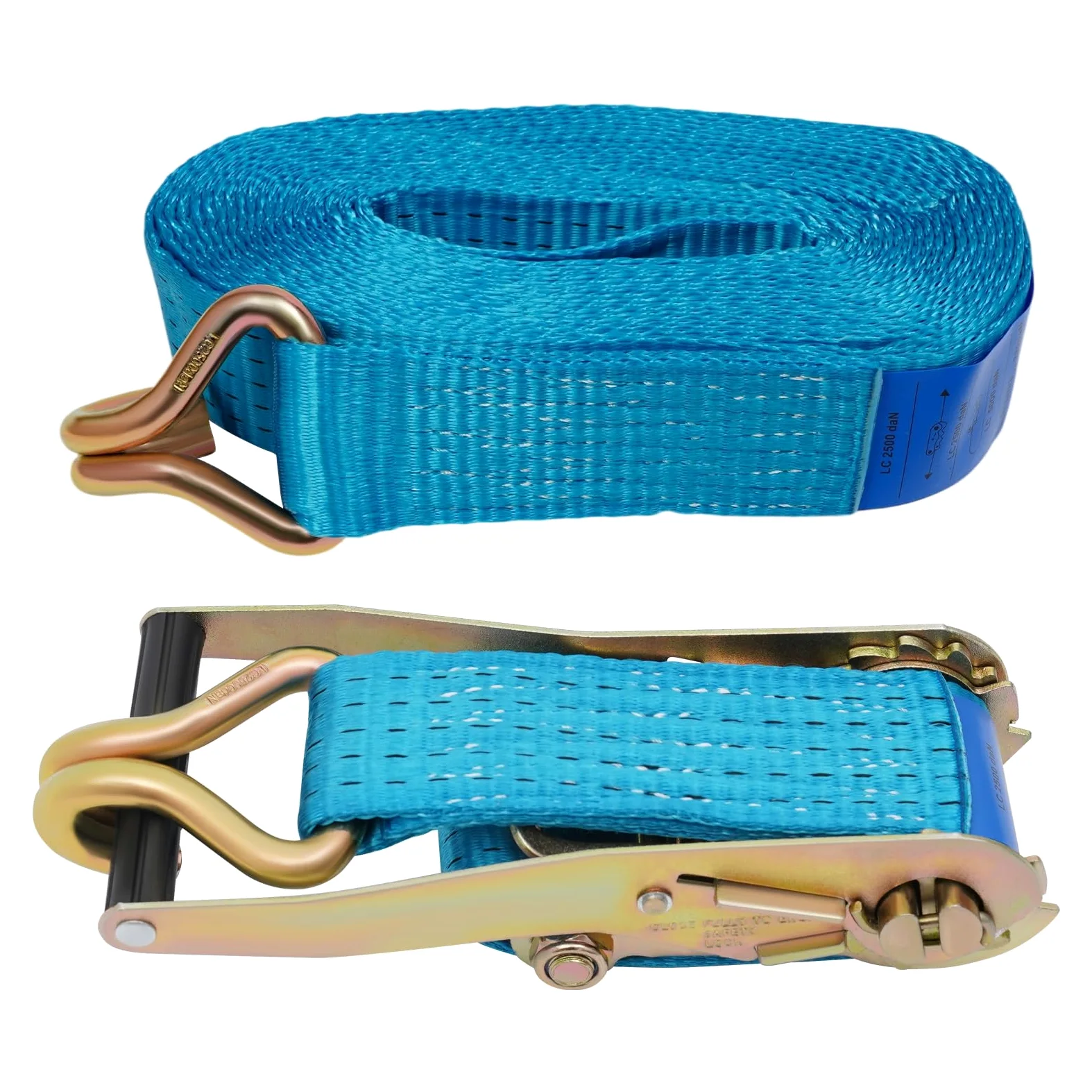 10 correas tensoras con carraca, 5000 kg de amarre, correas tensoras con doble gancho en J para remolques de carga de camiones, correas de poliéster, 2,5 t de resistencia (azul, 5 cm x 10 m)