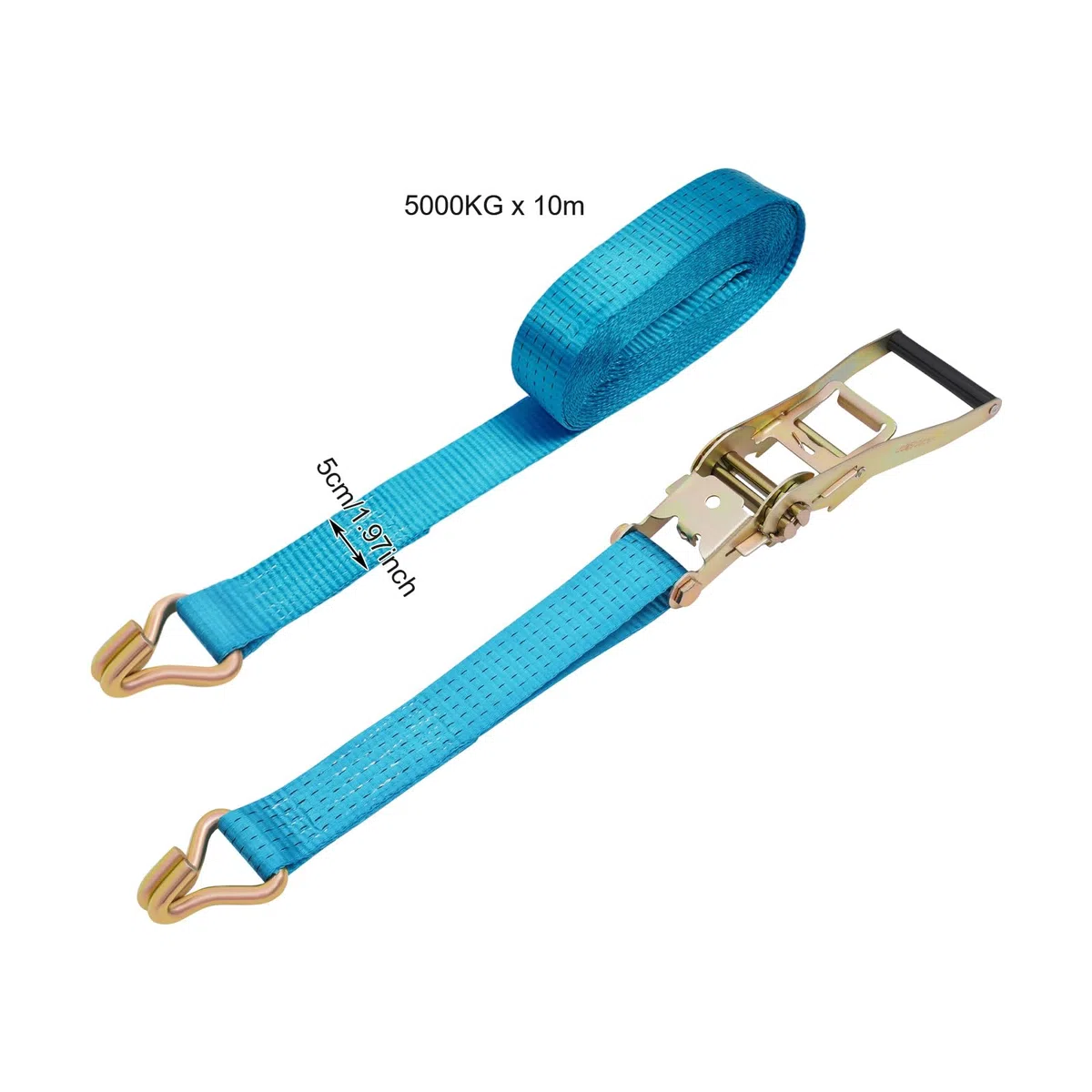 10 correas tensoras con carraca, 5000 kg de amarre, correas tensoras con doble gancho en J para remolques de carga de camiones, correas de poliéster, 2,5 t de resistencia (azul, 5 cm x 10 m)