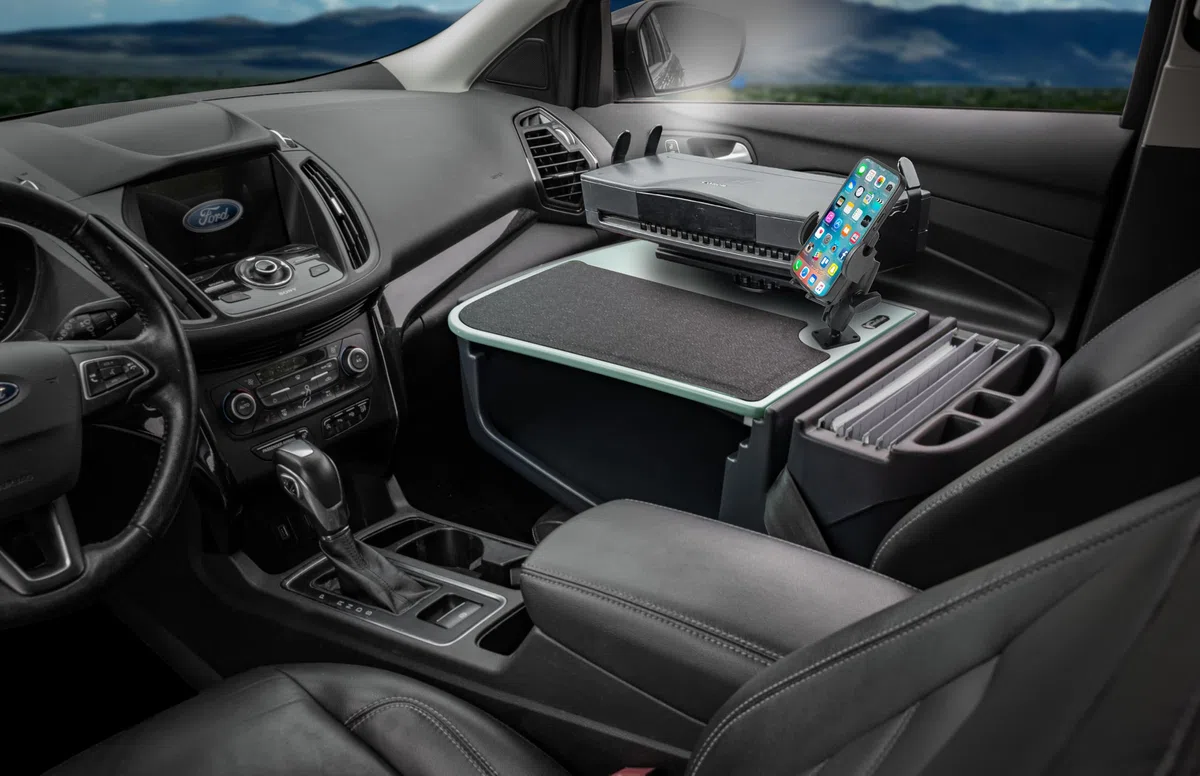 AutoExec Efficiency GripMaster - Escritorio de coche para estación de trabajo de tu vehículo y oficina móvil, niebla, con inversor de corriente de 400 W, soporte para impresora y soporte para teléfono