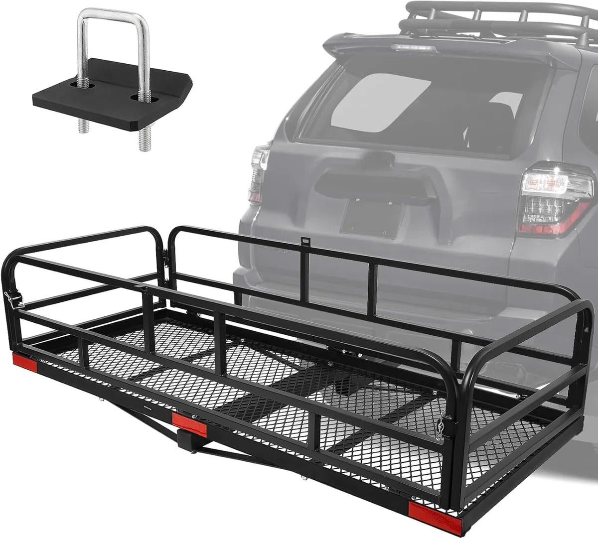 Estante de carga de enganche para remolque, 60 x 24 x 14 pulgadas, soporte de carga plegable con rieles laterales altos para caravana, camión, SUV, furgoneta, capacidad de 500 libras