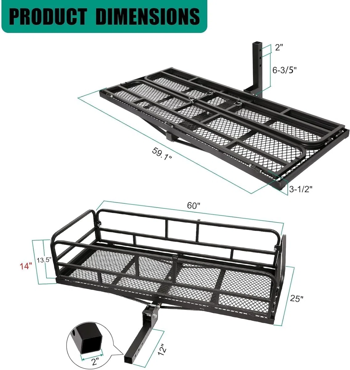 Estante de carga de enganche para remolque, 60 x 24 x 14 pulgadas, soporte de carga plegable con rieles laterales altos para caravana, camión, SUV, furgoneta, capacidad de 500 libras