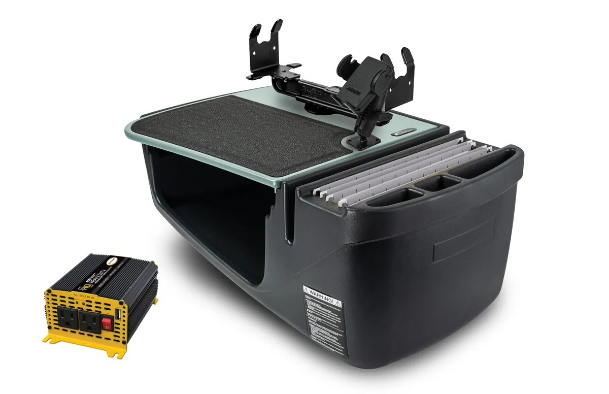 AutoExec Efficiency GripMaster - Escritorio de coche para estación de trabajo de tu vehículo y oficina móvil, niebla, con inversor de corriente de 400 W, soporte para impresora y soporte para teléfono