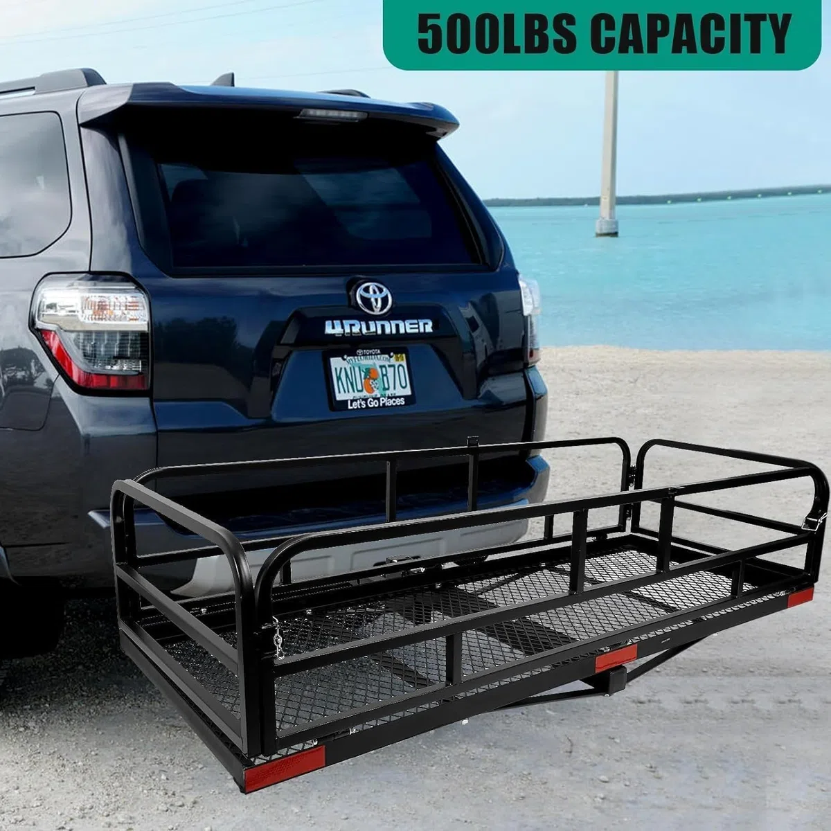 Estante de carga de enganche para remolque, 60 x 24 x 14 pulgadas, soporte de carga plegable con rieles laterales altos para caravana, camión, SUV, furgoneta, capacidad de 500 libras