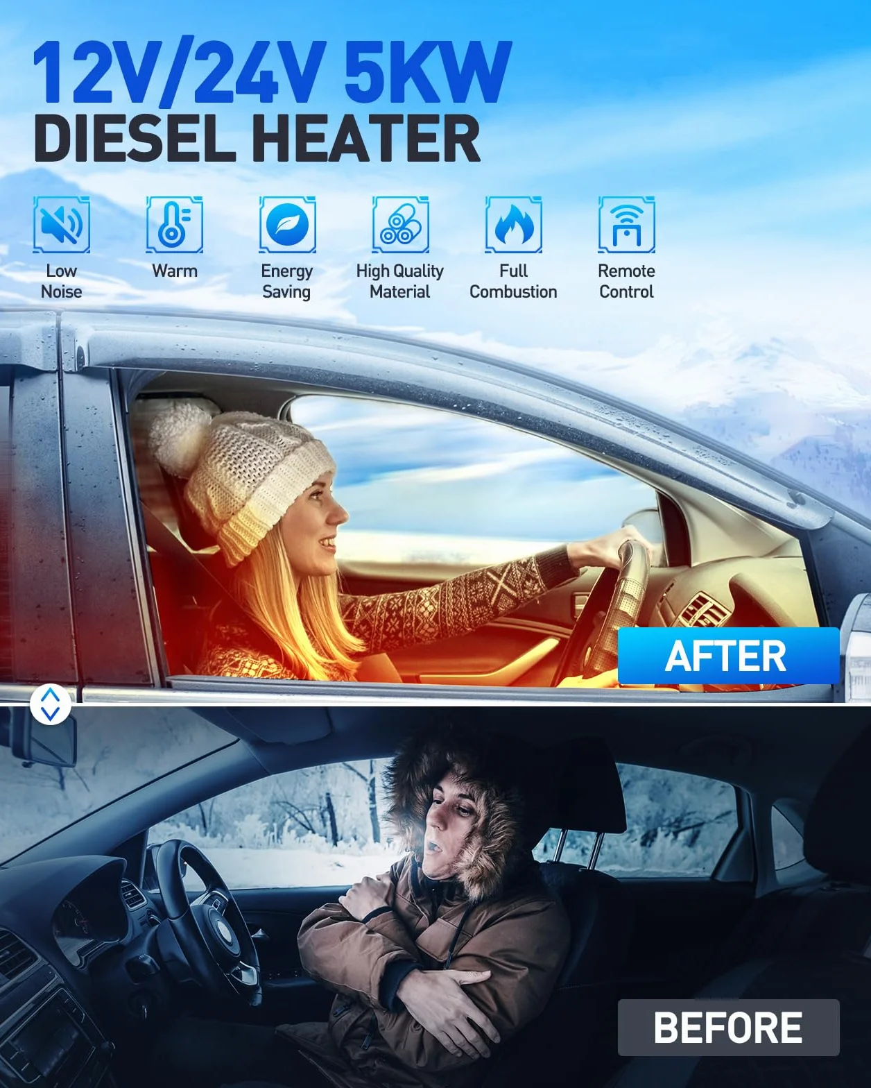Calentador de aire diésel de 5 kW y 12 V, todo en uno, con monitor LCD, calentamiento rápido, descongelación, antivaho, bajo consumo energético y bajo nivel de ruido para autocaravanas, coches, cami