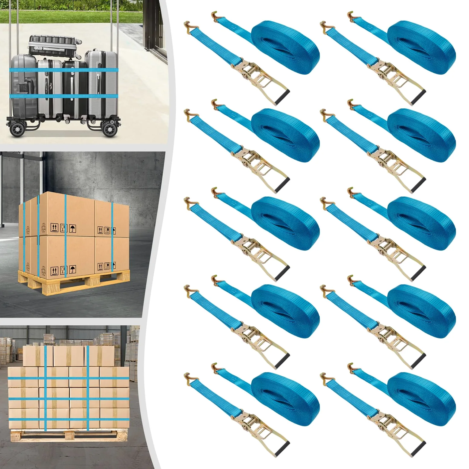 10 correas tensoras con carraca, 5000 kg de amarre, correas tensoras con doble gancho en J para remolques de carga de camiones, correas de poliéster, 2,5 t de resistencia (azul, 5 cm x 10 m)