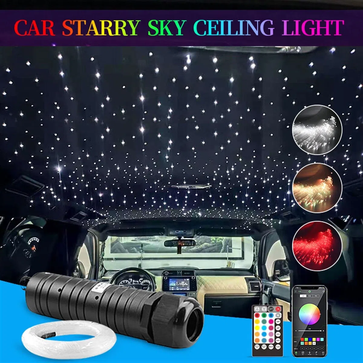 Kit de luces de techo LED RGB de fibra óptica en forma de estrella Luz del cielo estrellado del coche 6W DIRIGIÓ Auto Decoración de interiores Accesorios Lámpara Coche Techo Estrella Luces Techo Fibra